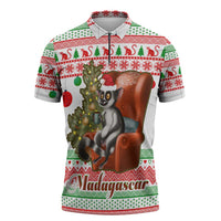 Madagascar Christmas Zipper Polo Shirt with Lemur Santa Hat Holiday Tree and Festive Pattern - Wonder Print Shop