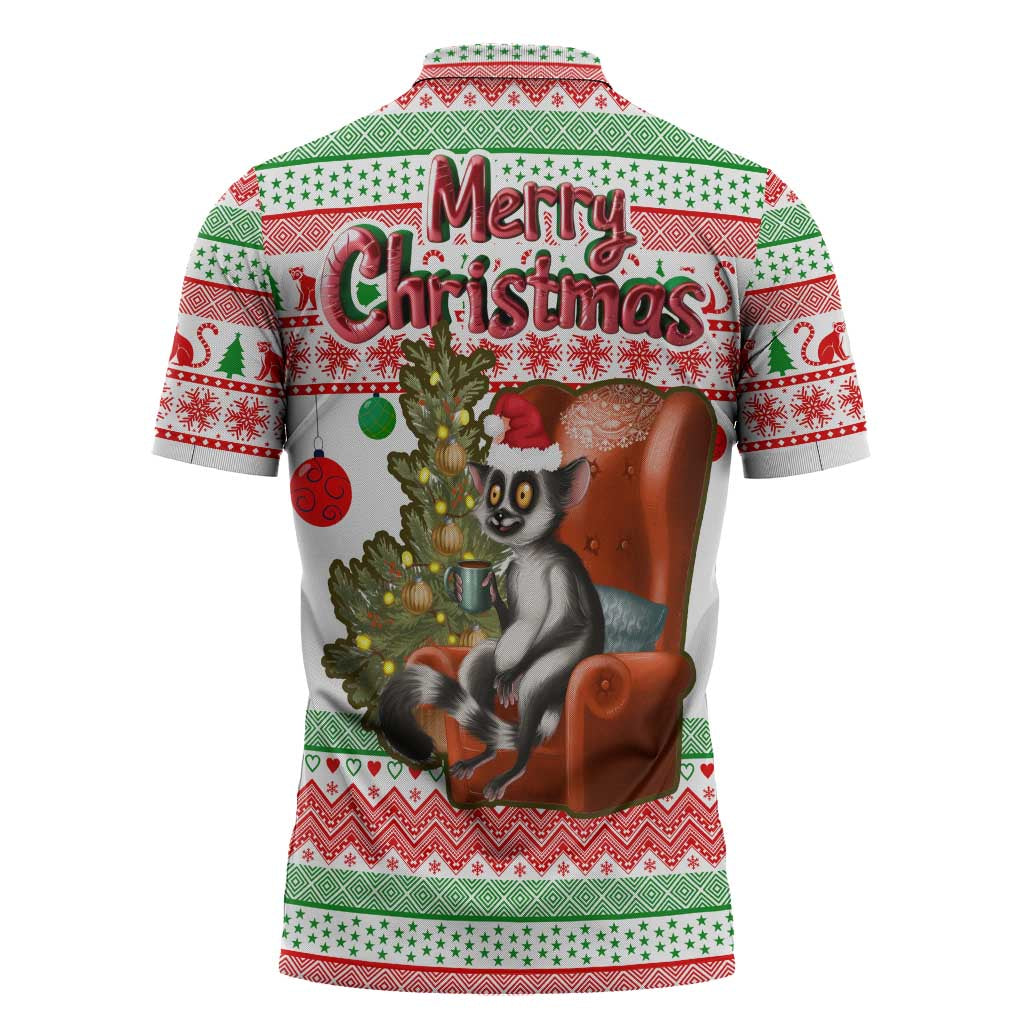 Madagascar Christmas Zipper Polo Shirt with Lemur Santa Hat Holiday Tree and Festive Pattern - Wonder Print Shop