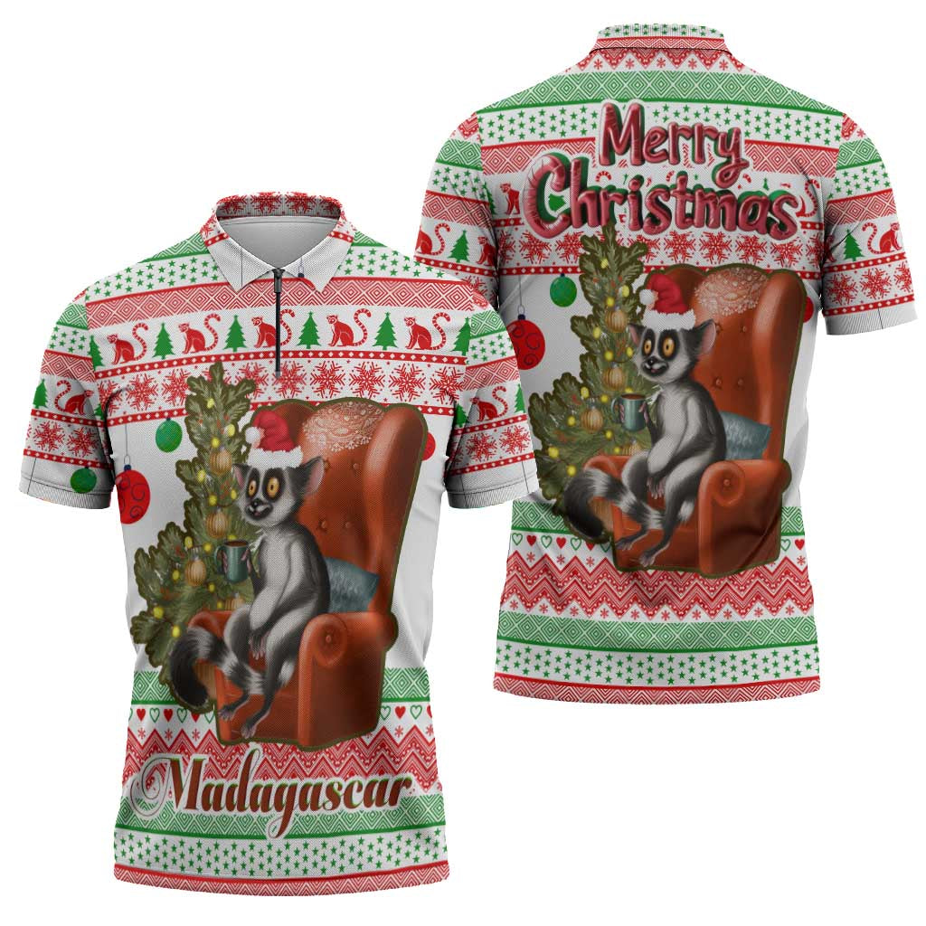 Madagascar Christmas Zipper Polo Shirt with Lemur Santa Hat Holiday Tree and Festive Pattern - Wonder Print Shop