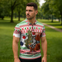 Madagascar Christmas Zipper Polo Shirt with Lemur Santa Hat Holiday Tree and Festive Pattern - Wonder Print Shop
