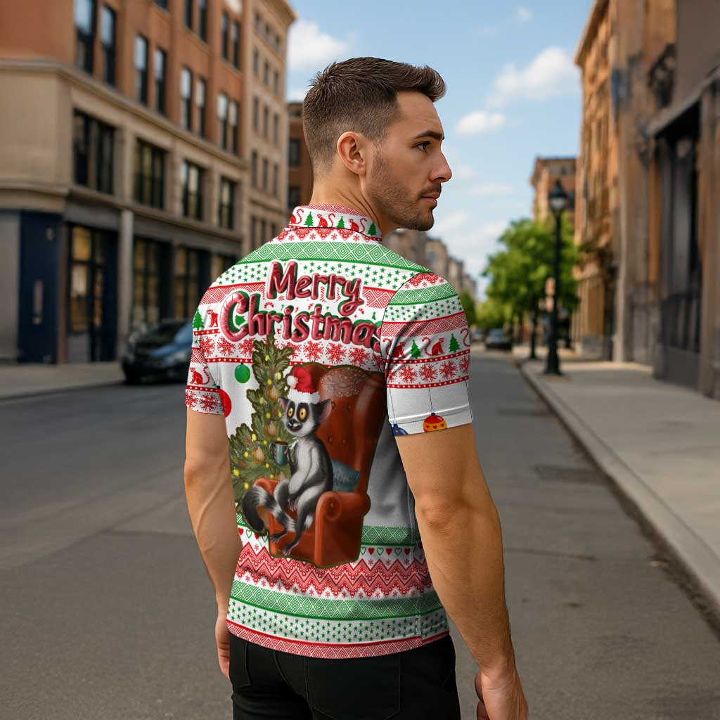 Madagascar Christmas Zipper Polo Shirt with Lemur Santa Hat Holiday Tree and Festive Pattern - Wonder Print Shop