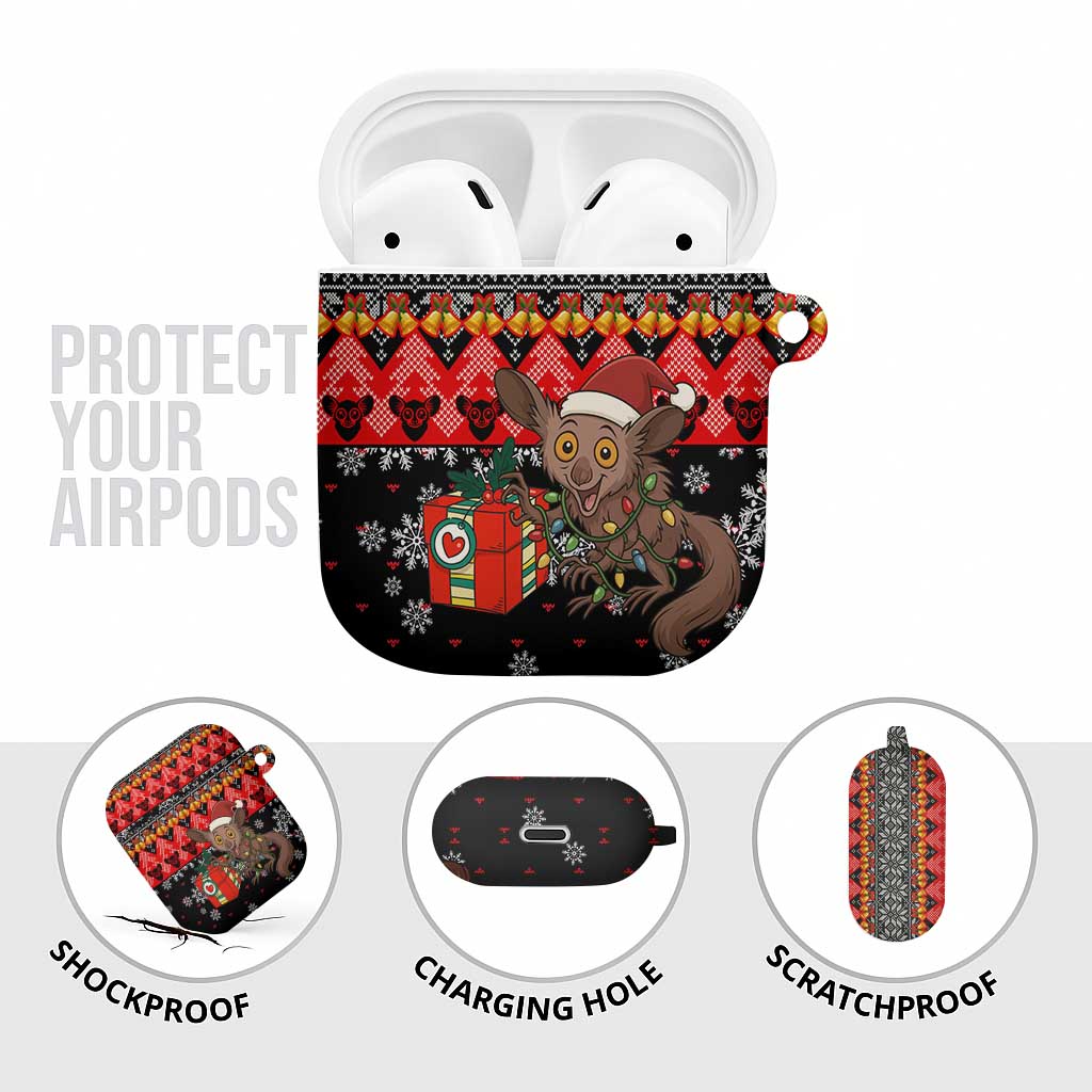 Madagascar Christmas AirPods Case with Aye Aye Lemur Santa Hat Holiday Lights and Gift Box Pattern - Wonder Print Shop