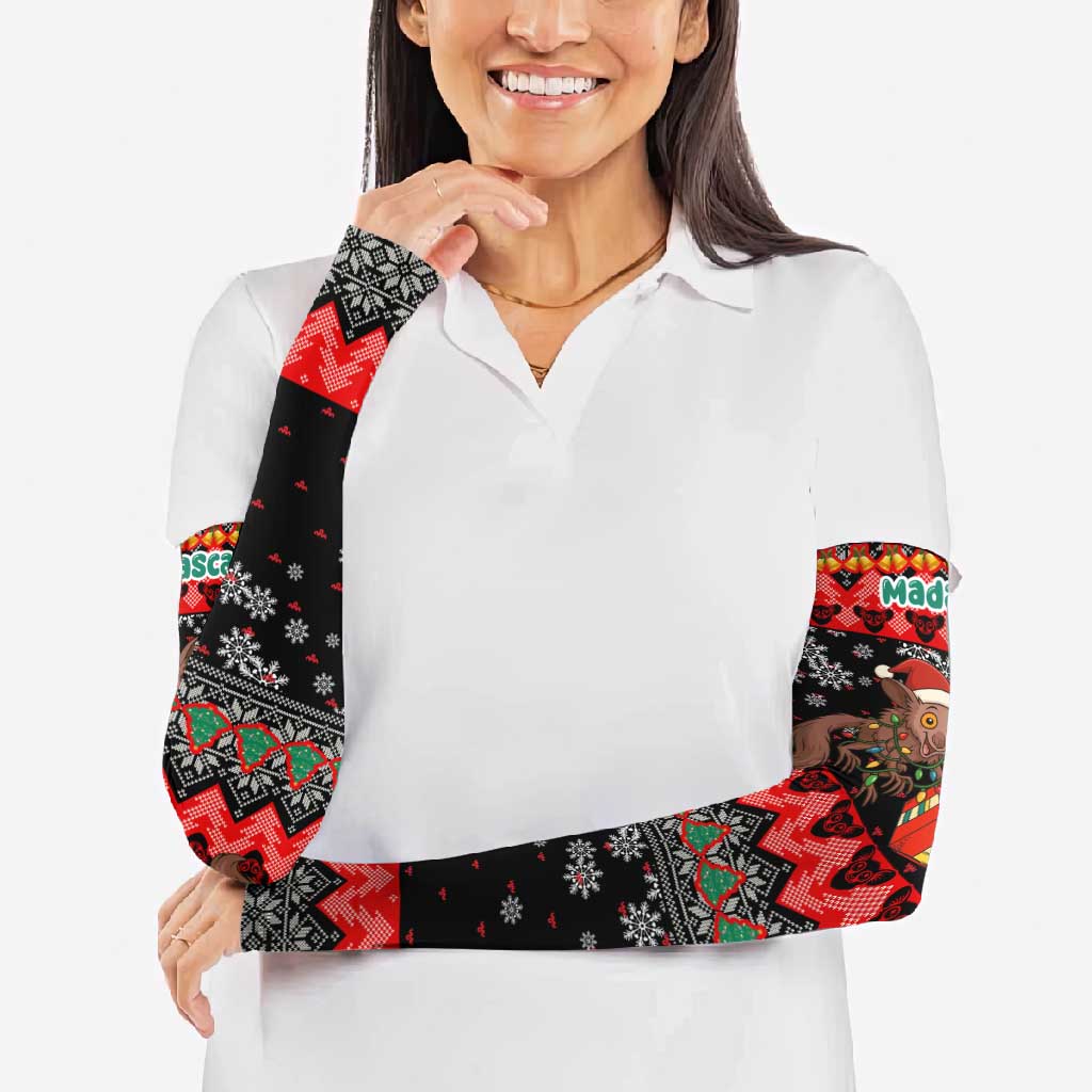 Madagascar Christmas Arm Sleeves with Aye Aye Lemur Santa Hat Holiday Lights and Gift Box Pattern - Wonder Print Shop