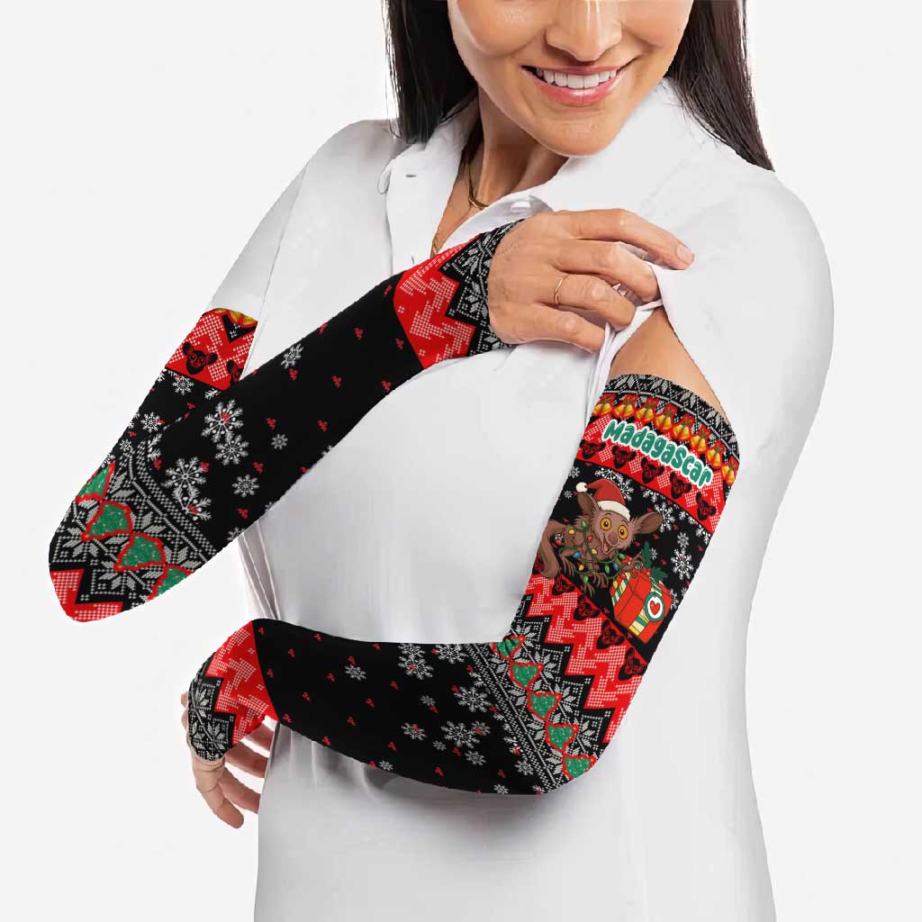 Madagascar Christmas Arm Sleeves with Aye Aye Lemur Santa Hat Holiday Lights and Gift Box Pattern - Wonder Print Shop