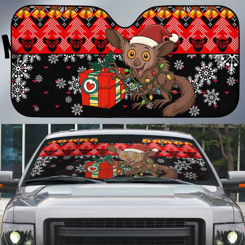 Madagascar Christmas Auto Sun Shade with Aye Aye Lemur Santa Hat Holiday Lights and Gift Box Pattern - Wonder Print Shop