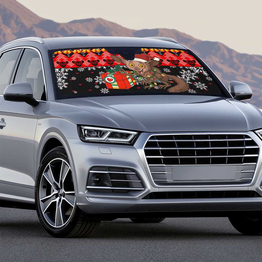 Madagascar Christmas Auto Sun Shade with Aye Aye Lemur Santa Hat Holiday Lights and Gift Box Pattern - Wonder Print Shop