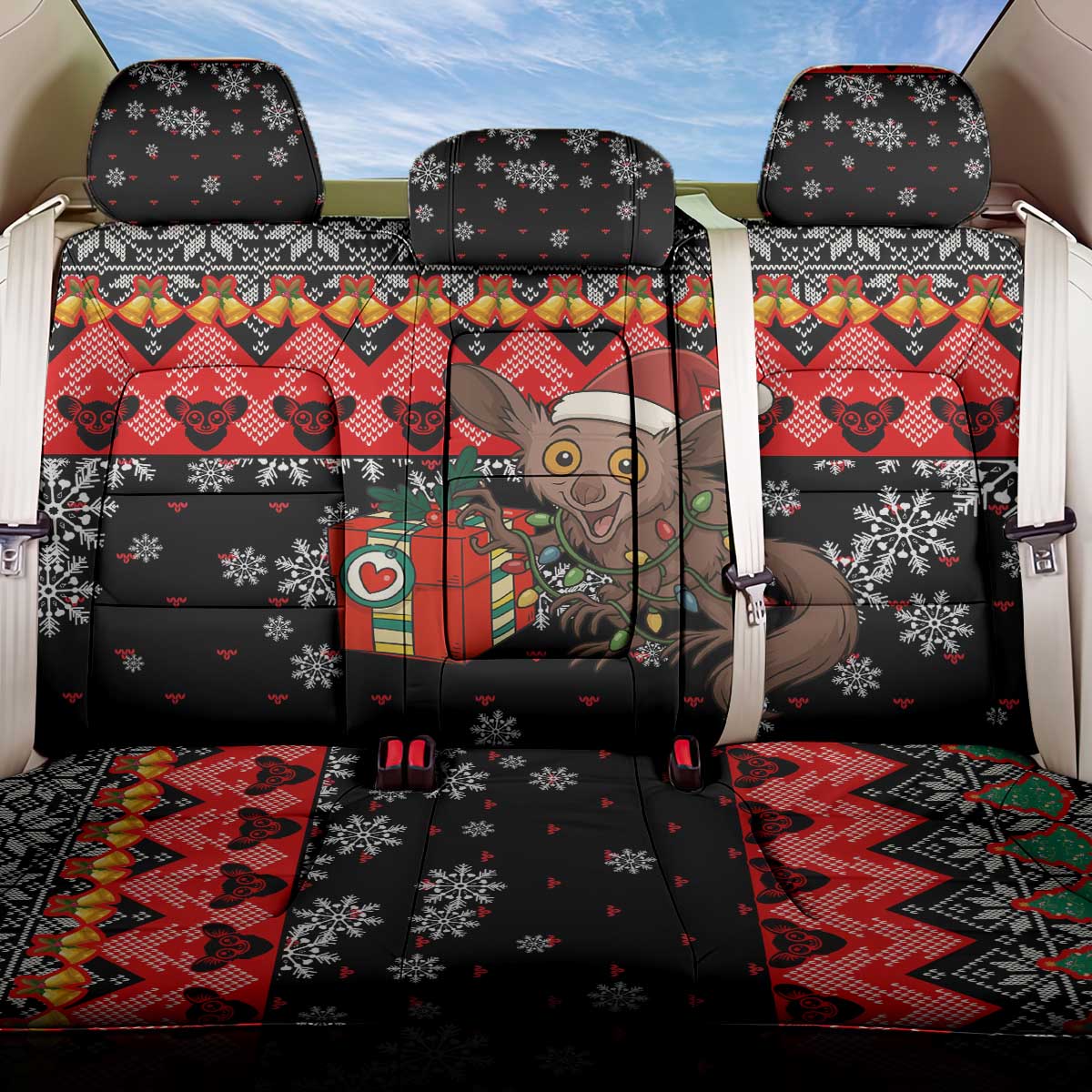 Madagascar Christmas Back Car Seat Cover with Aye Aye Lemur Santa Hat Holiday Lights and Gift Box Pattern - Wonder Print Shop
