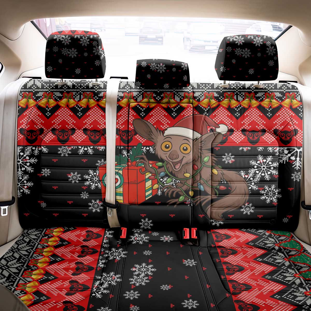 Madagascar Christmas Back Car Seat Cover with Aye Aye Lemur Santa Hat Holiday Lights and Gift Box Pattern - Wonder Print Shop