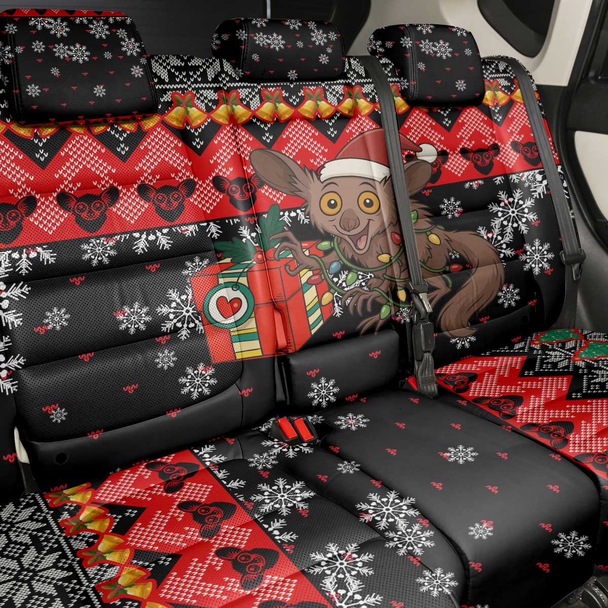 Madagascar Christmas Back Car Seat Cover with Aye Aye Lemur Santa Hat Holiday Lights and Gift Box Pattern - Wonder Print Shop