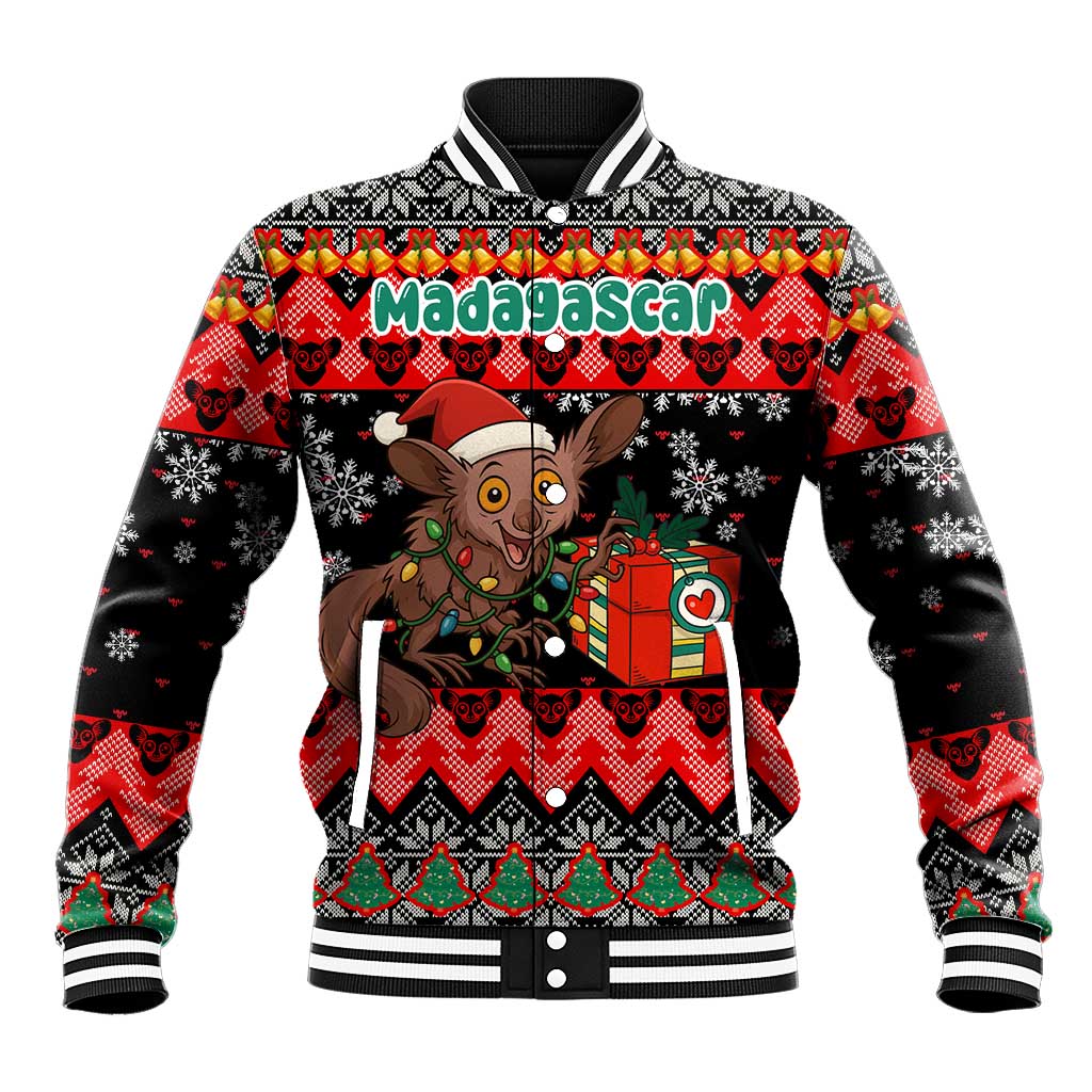 Madagascar Christmas Baseball Jacket with Aye Aye Lemur Santa Hat Holiday Lights and Gift Box Pattern - Wonder Print Shop