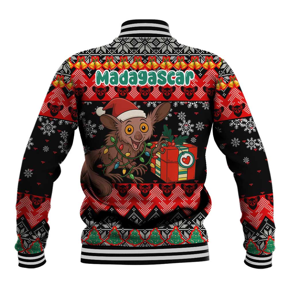 Madagascar Christmas Baseball Jacket with Aye Aye Lemur Santa Hat Holiday Lights and Gift Box Pattern - Wonder Print Shop