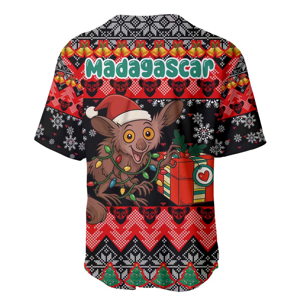 Madagascar Christmas Baseball Jersey with Aye Aye Lemur Santa Hat Holiday Lights and Gift Box Pattern - Wonder Print Shop