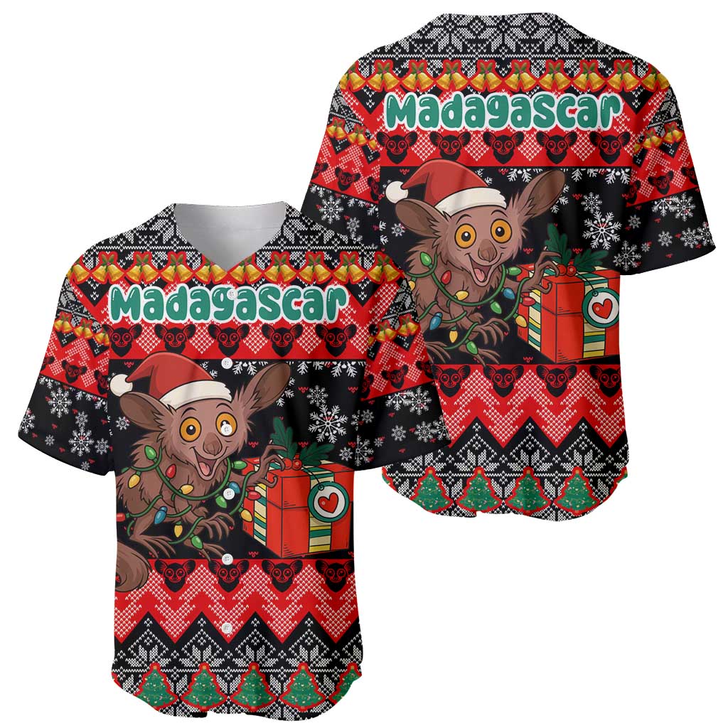 Madagascar Christmas Baseball Jersey with Aye Aye Lemur Santa Hat Holiday Lights and Gift Box Pattern - Wonder Print Shop