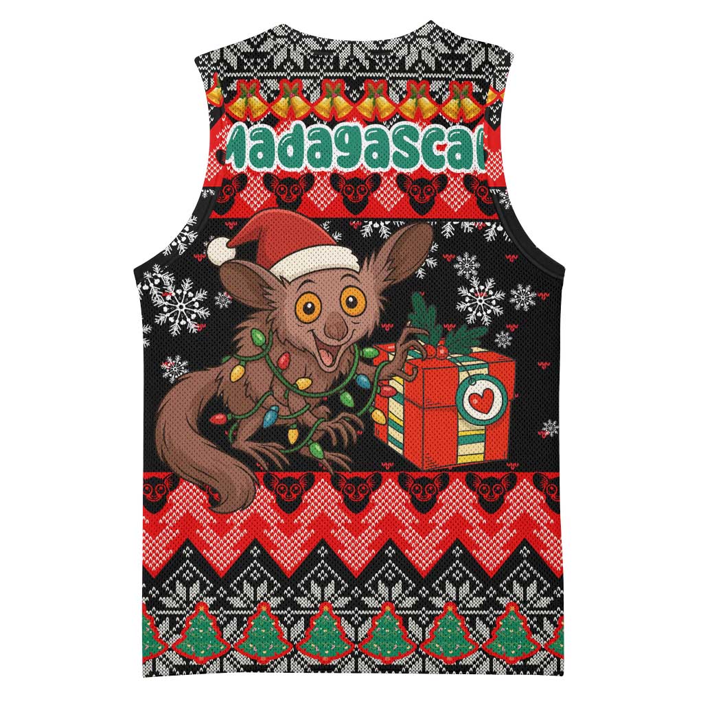 Madagascar Christmas Basketball Jersey with Aye Aye Lemur Santa Hat Holiday Lights and Gift Box Pattern - Wonder Print Shop