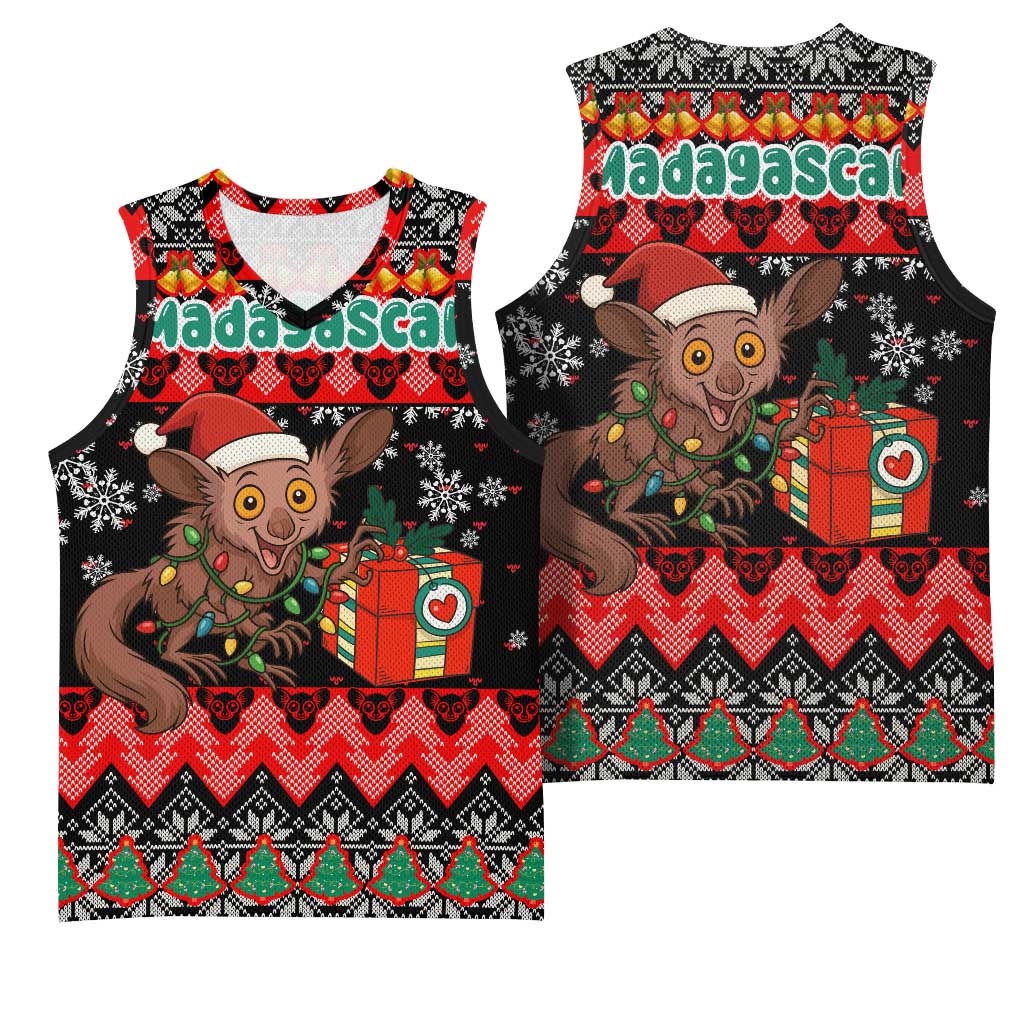 Madagascar Christmas Basketball Jersey with Aye Aye Lemur Santa Hat Holiday Lights and Gift Box Pattern - Wonder Print Shop