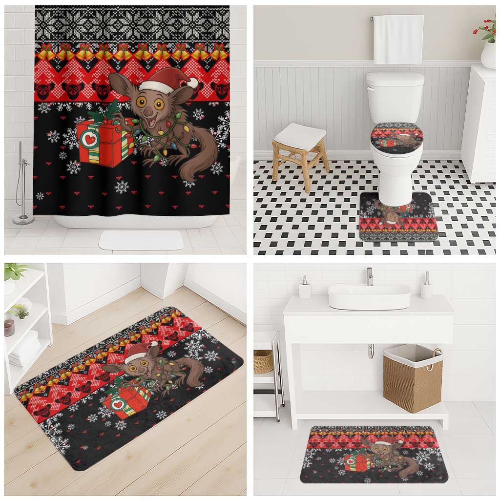 Madagascar Christmas Bathroom Set with Aye Aye Lemur Santa Hat Holiday Lights and Gift Box Pattern - Wonder Print Shop