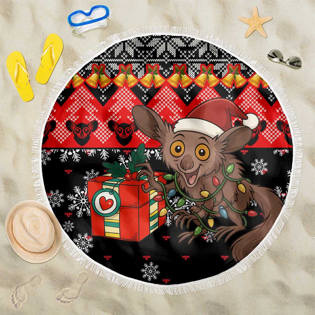 Madagascar Christmas Beach Blanket with Aye Aye Lemur Santa Hat Holiday Lights and Gift Box Pattern - Wonder Print Shop
