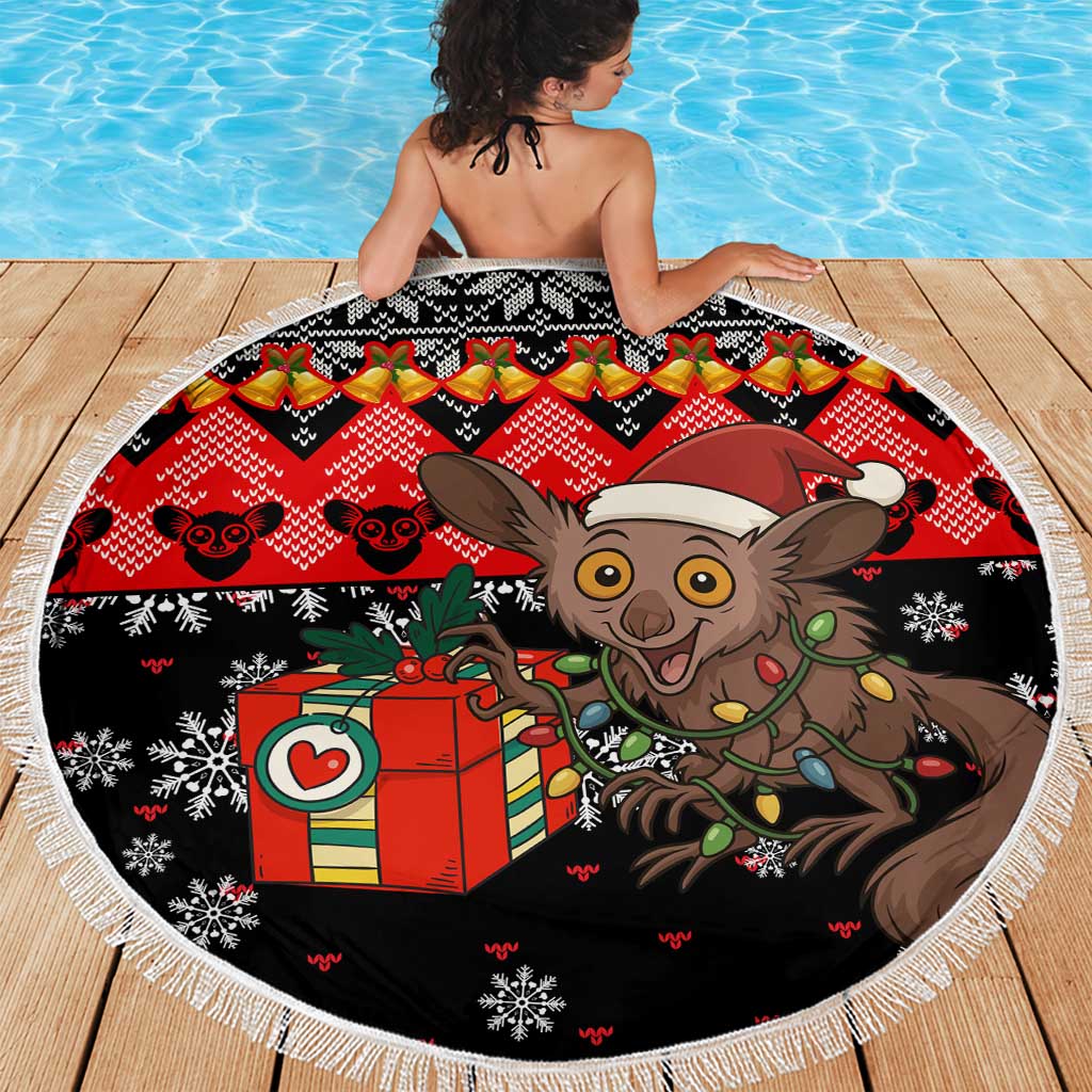 Madagascar Christmas Beach Blanket with Aye Aye Lemur Santa Hat Holiday Lights and Gift Box Pattern - Wonder Print Shop