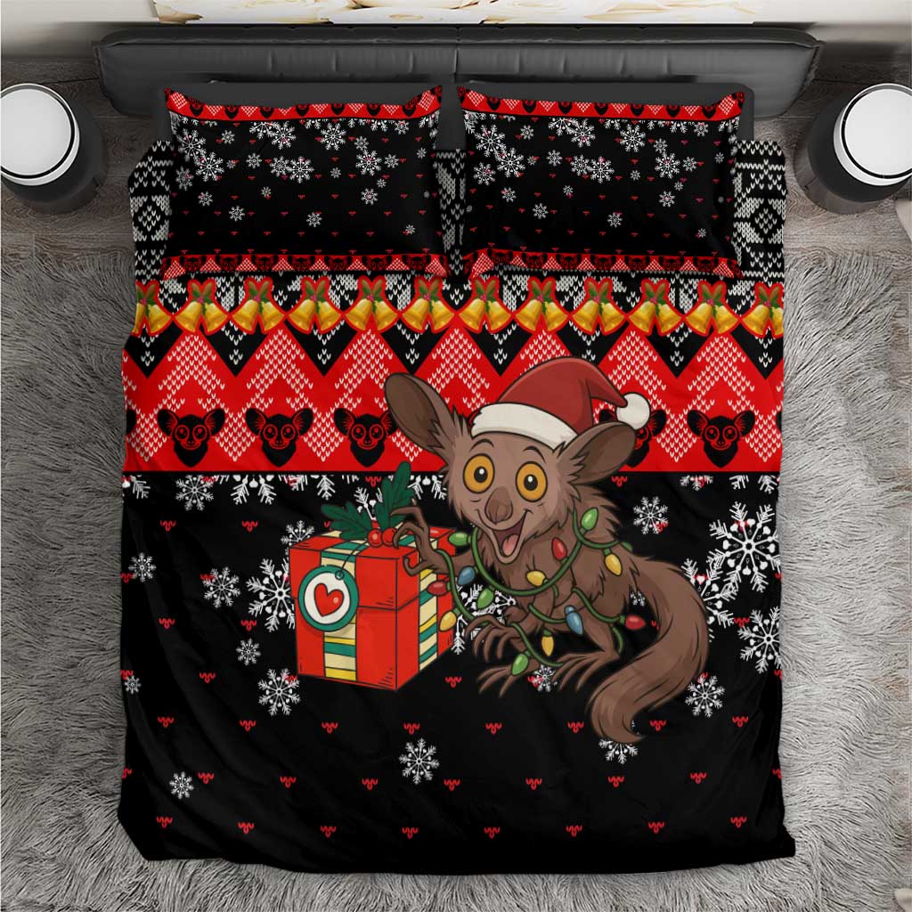 Madagascar Christmas Bedding Set with Aye Aye Lemur Santa Hat Holiday Lights and Gift Box Pattern - Wonder Print Shop