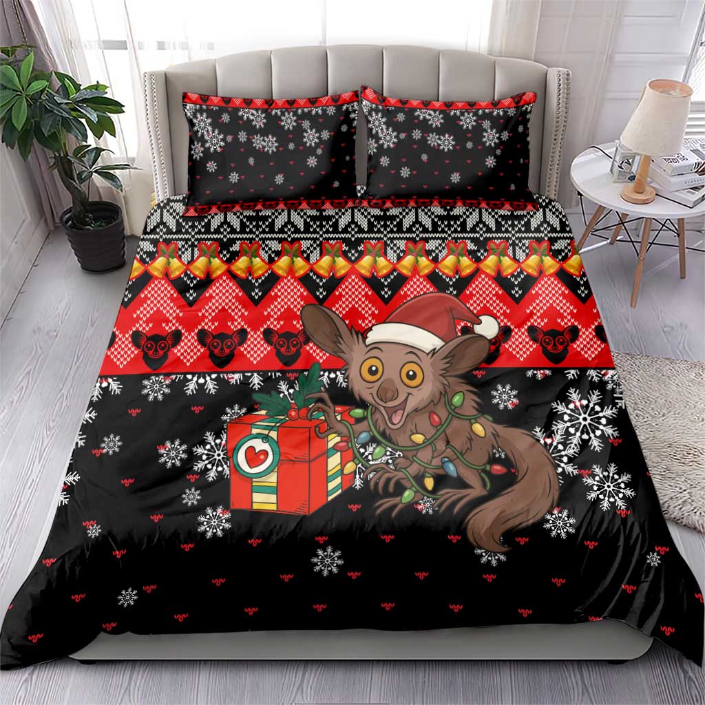 Madagascar Christmas Bedding Set with Aye Aye Lemur Santa Hat Holiday Lights and Gift Box Pattern - Wonder Print Shop