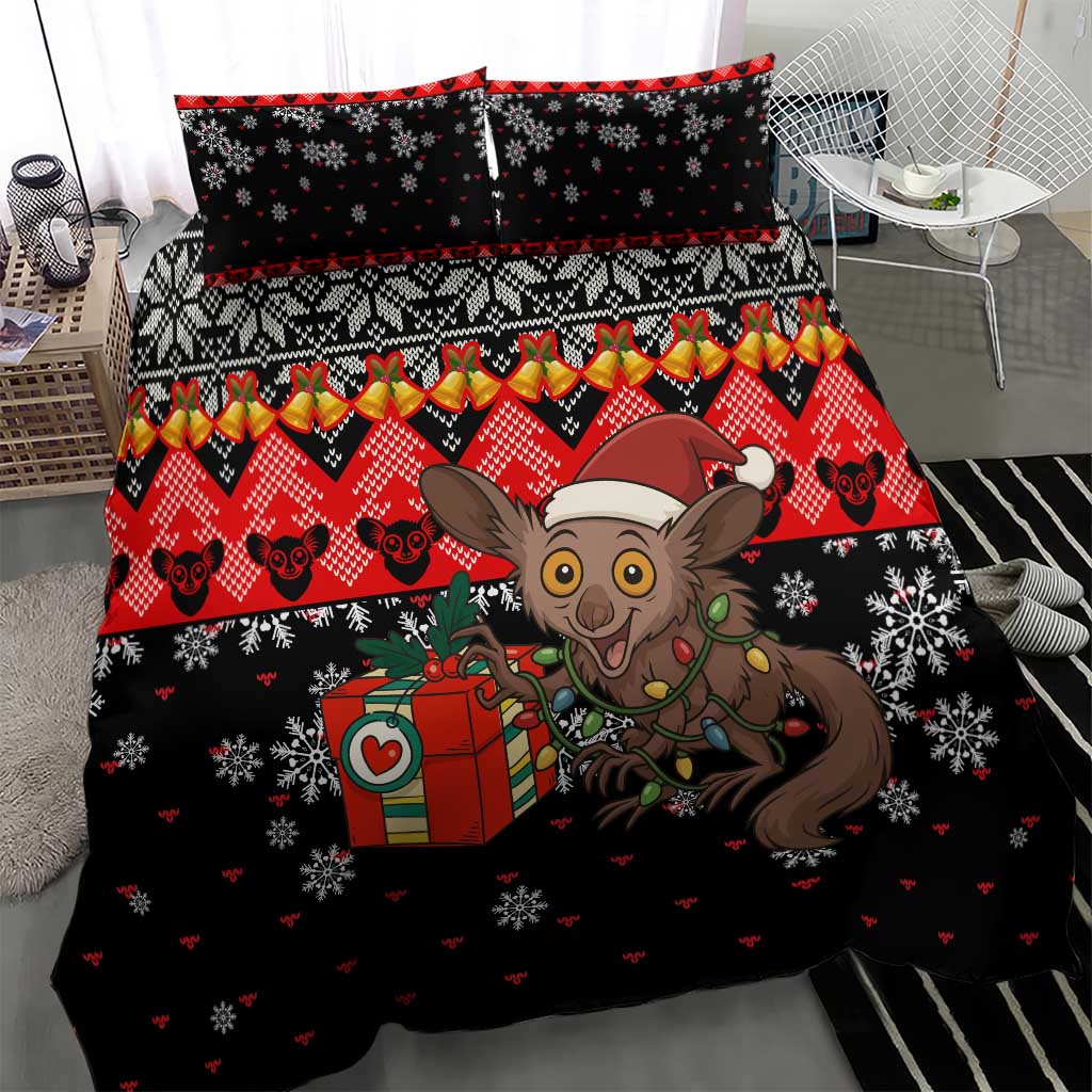Madagascar Christmas Bedding Set with Aye Aye Lemur Santa Hat Holiday Lights and Gift Box Pattern - Wonder Print Shop