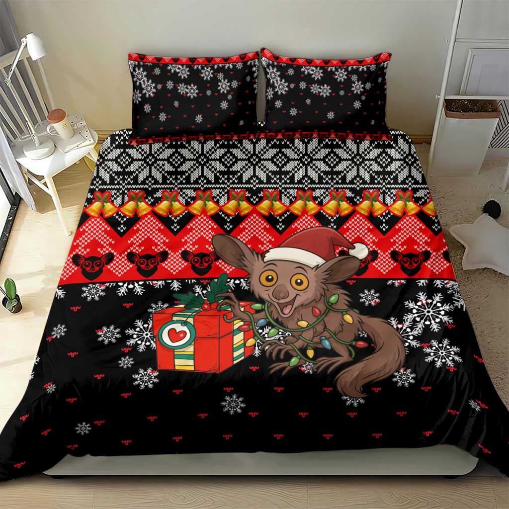 Madagascar Christmas Bedding Set with Aye Aye Lemur Santa Hat Holiday Lights and Gift Box Pattern - Wonder Print Shop