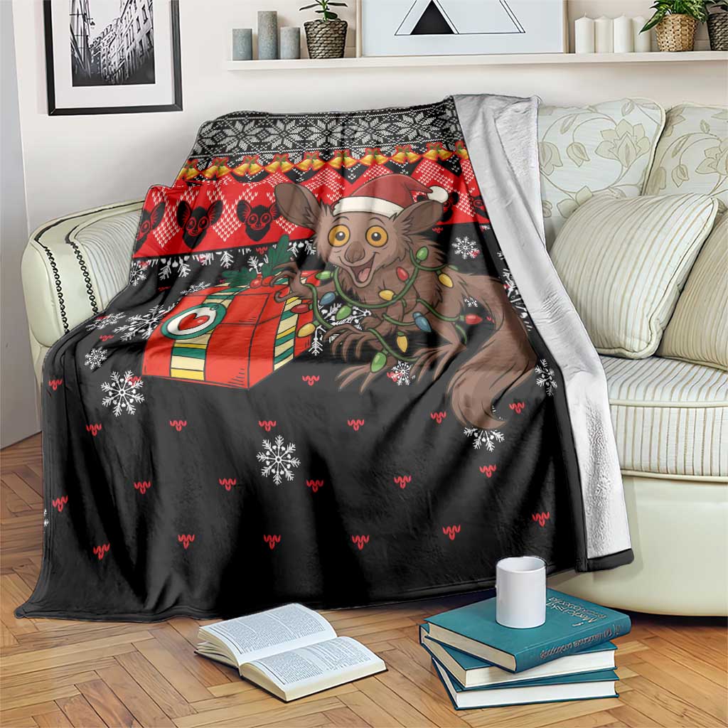 Madagascar Christmas Blanket with Aye Aye Lemur Santa Hat Holiday Lights and Gift Box Pattern - Wonder Print Shop