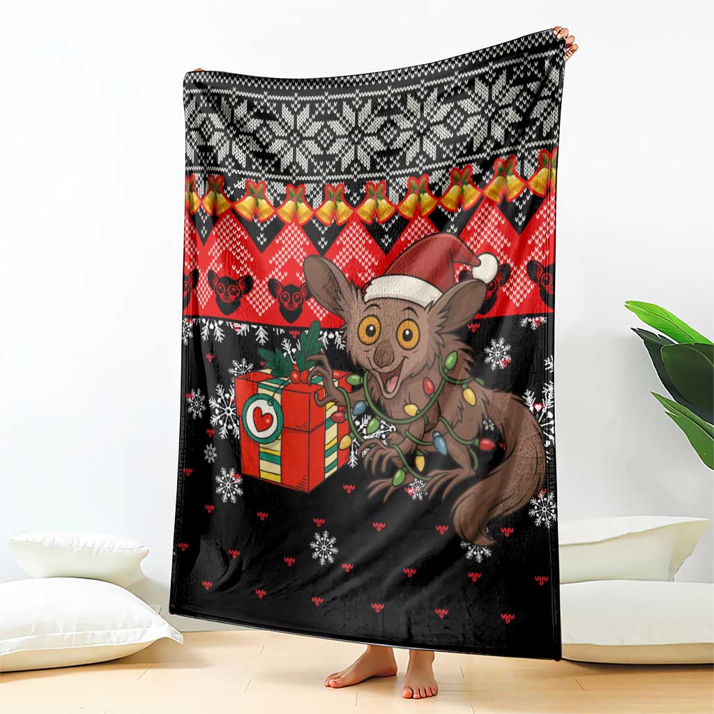 Madagascar Christmas Blanket with Aye Aye Lemur Santa Hat Holiday Lights and Gift Box Pattern - Wonder Print Shop