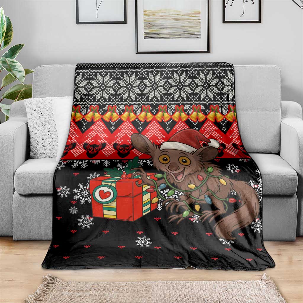 Madagascar Christmas Blanket with Aye Aye Lemur Santa Hat Holiday Lights and Gift Box Pattern - Wonder Print Shop