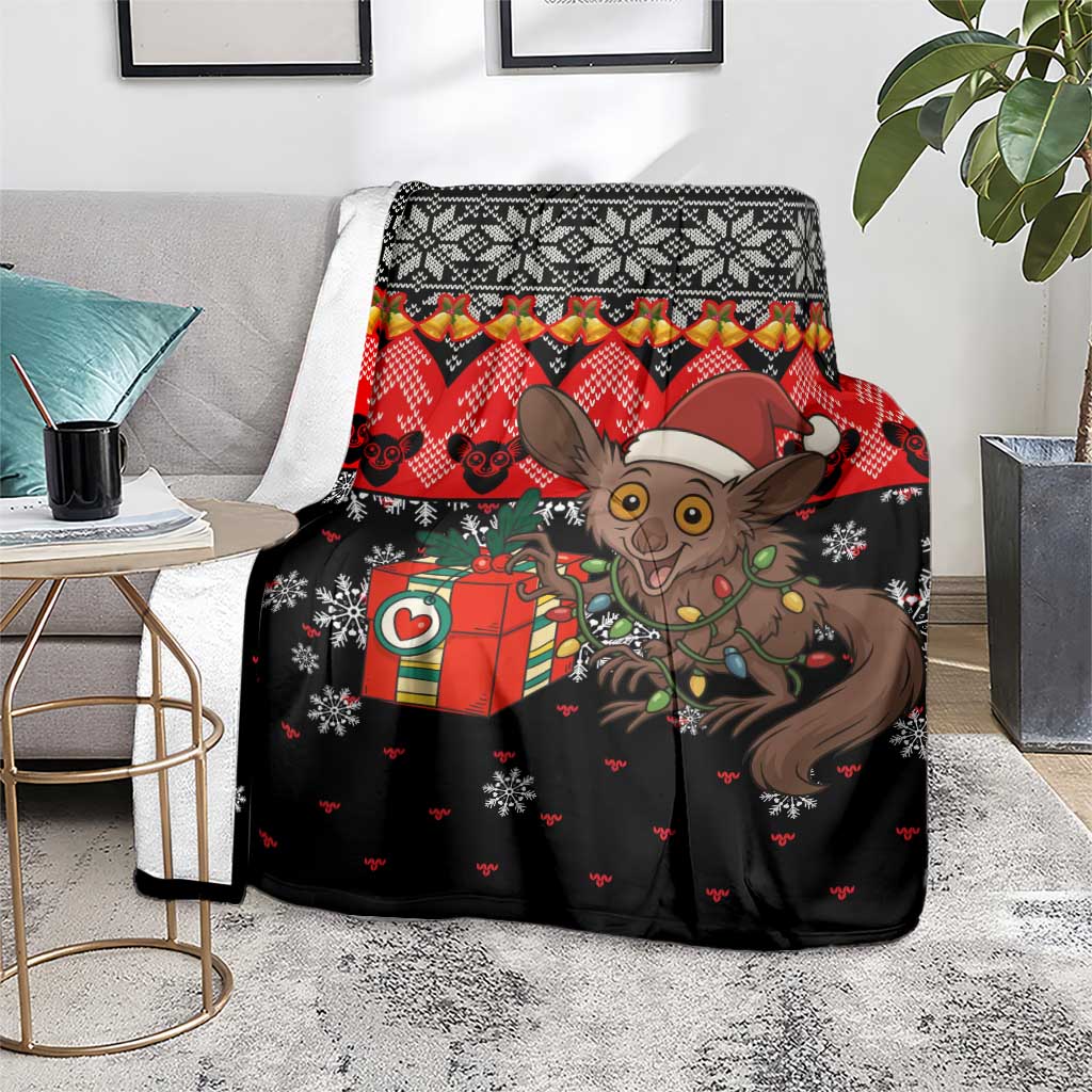 Madagascar Christmas Blanket with Aye Aye Lemur Santa Hat Holiday Lights and Gift Box Pattern - Wonder Print Shop