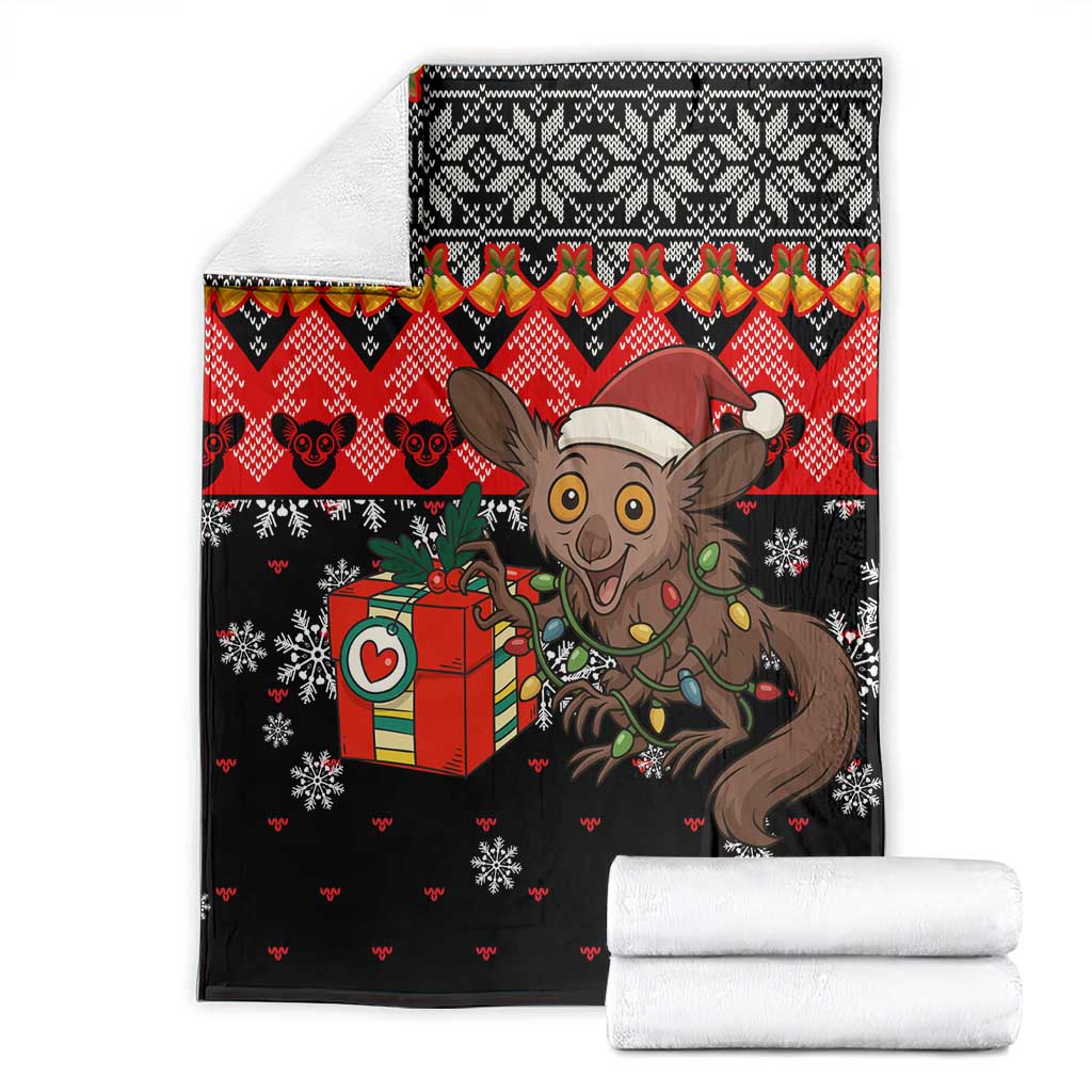 Madagascar Christmas Blanket with Aye Aye Lemur Santa Hat Holiday Lights and Gift Box Pattern - Wonder Print Shop