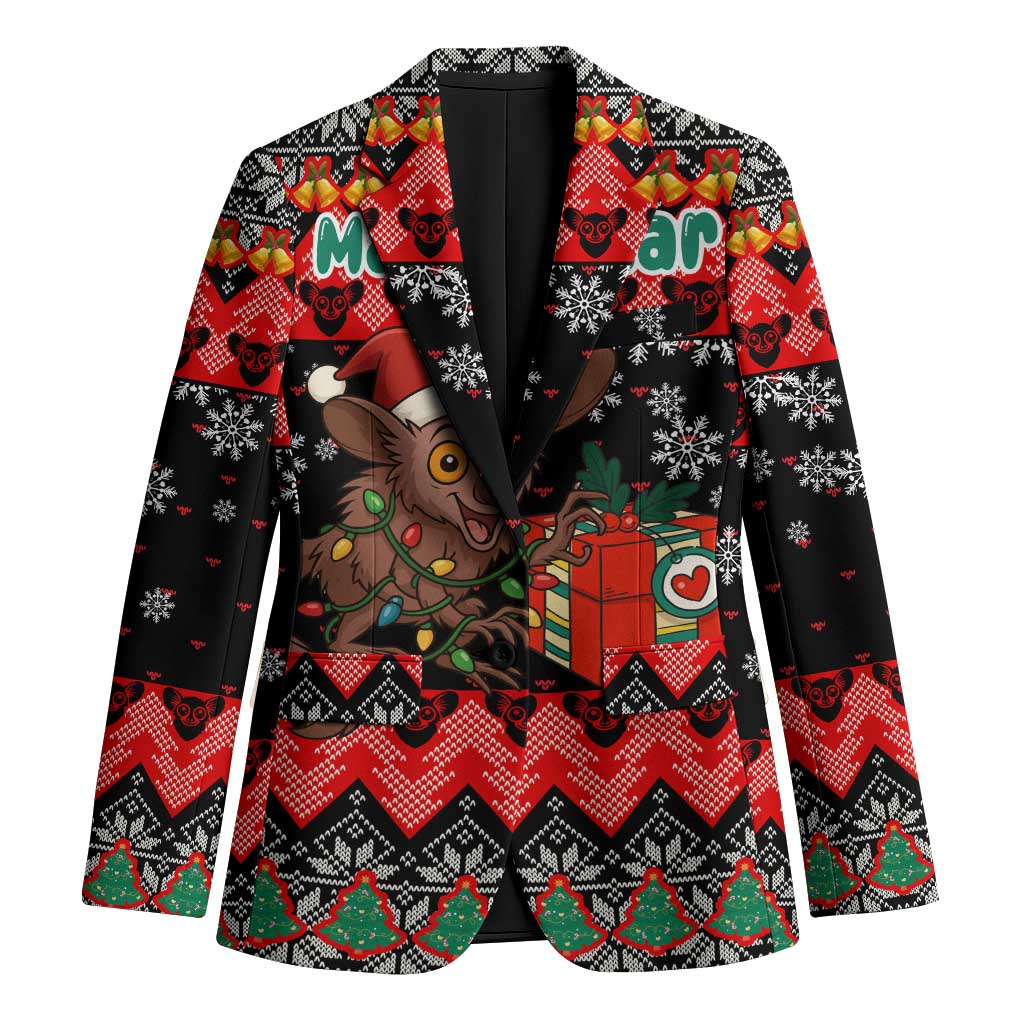 Madagascar Christmas Blazer with Aye Aye Lemur Santa Hat Holiday Lights and Gift Box Pattern - Wonder Print Shop