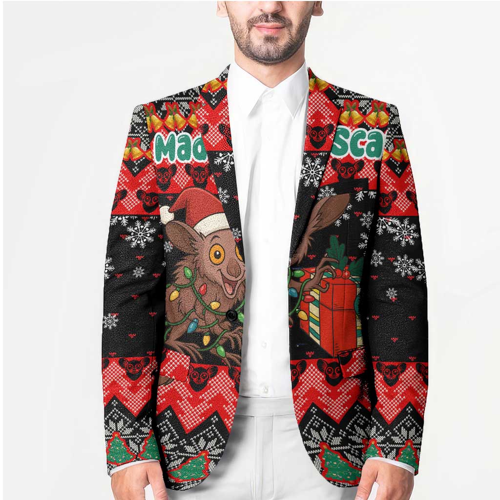 Madagascar Christmas Blazer with Aye Aye Lemur Santa Hat Holiday Lights and Gift Box Pattern - Wonder Print Shop
