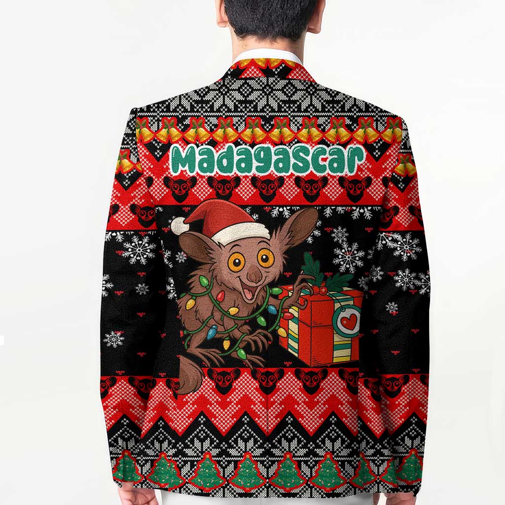 Madagascar Christmas Blazer with Aye Aye Lemur Santa Hat Holiday Lights and Gift Box Pattern - Wonder Print Shop