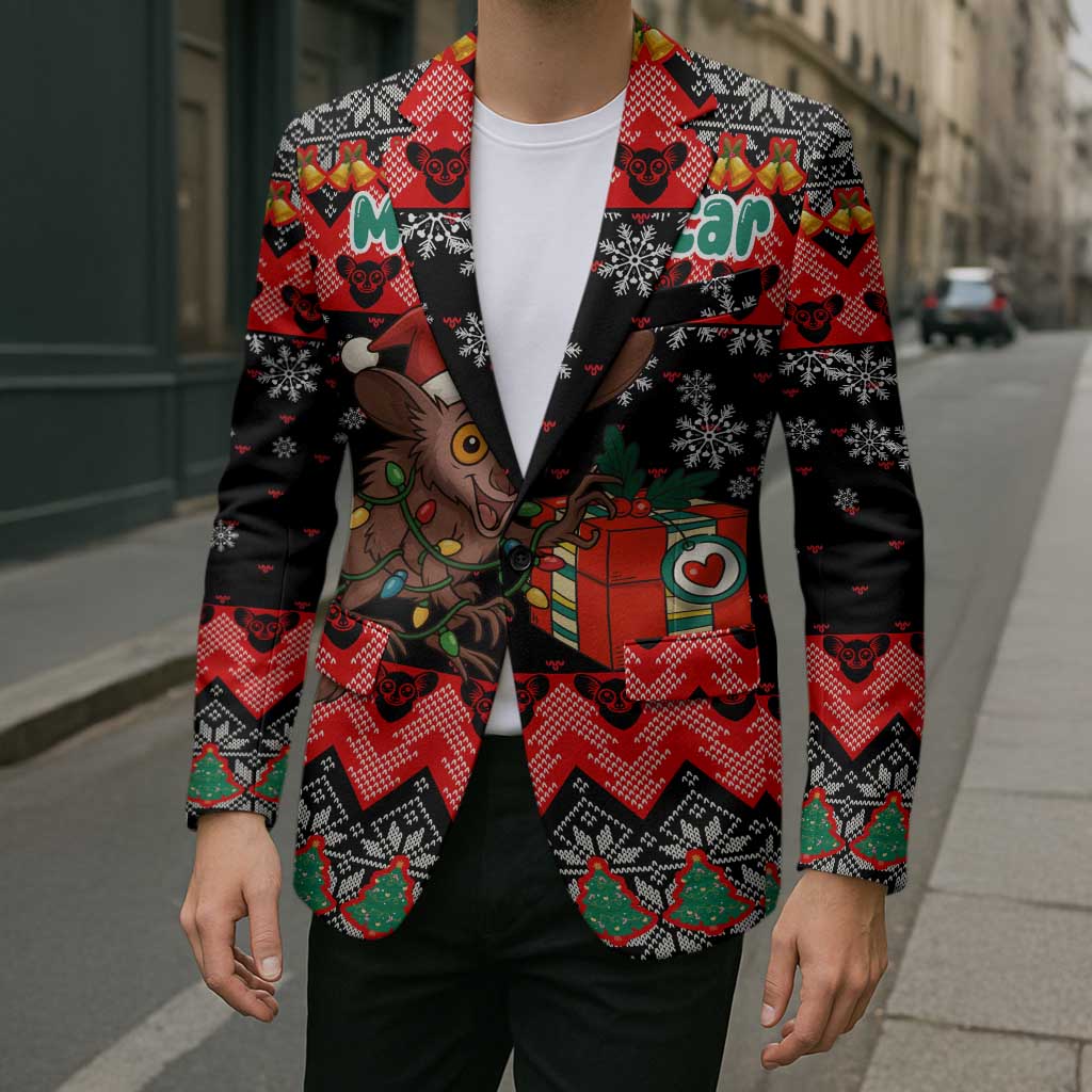 Madagascar Christmas Blazer with Aye Aye Lemur Santa Hat Holiday Lights and Gift Box Pattern - Wonder Print Shop