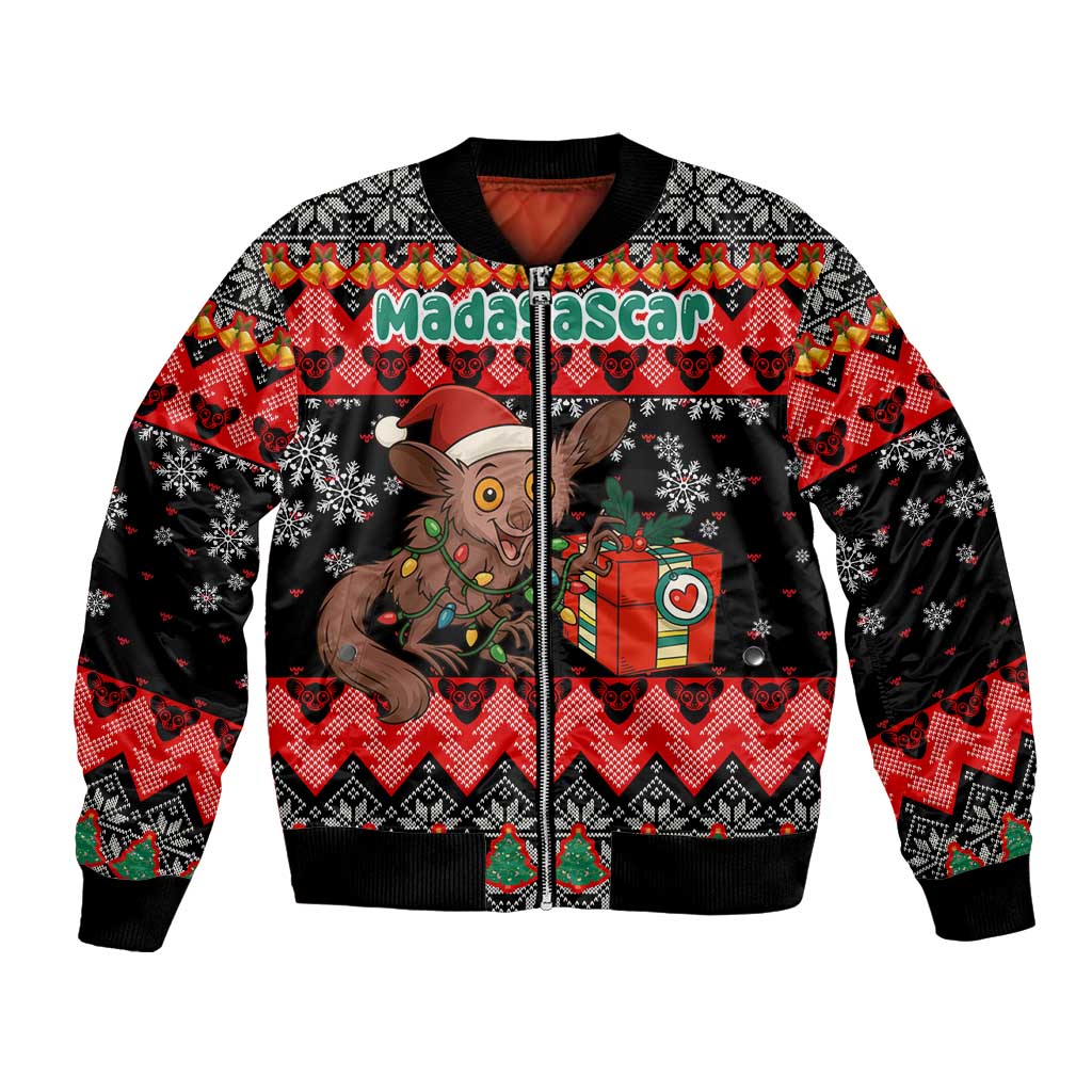 Madagascar Christmas Bomber Jacket with Aye Aye Lemur Santa Hat Holiday Lights and Gift Box Pattern - Wonder Print Shop