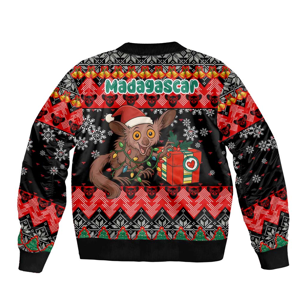 Madagascar Christmas Bomber Jacket with Aye Aye Lemur Santa Hat Holiday Lights and Gift Box Pattern - Wonder Print Shop