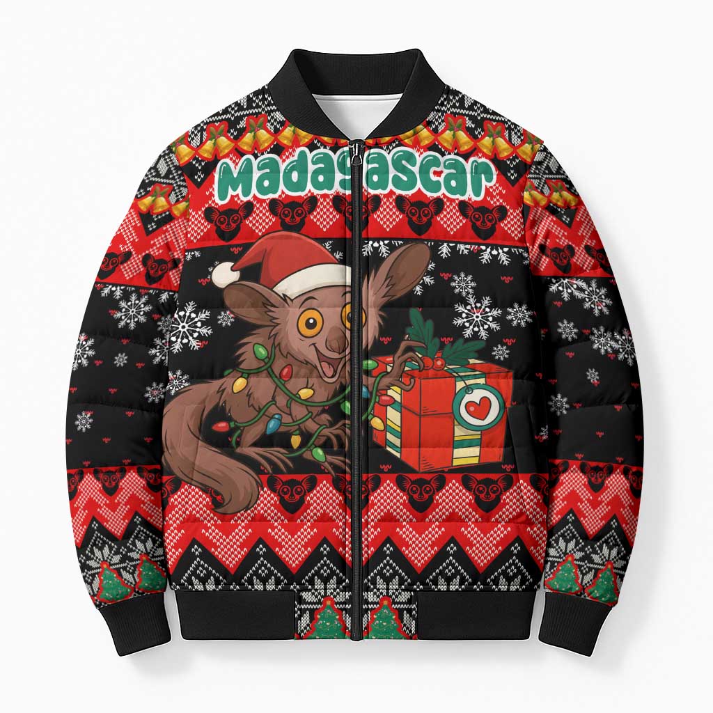 Madagascar Christmas Bomber Puffer Jacket with Aye Aye Lemur Santa Hat Holiday Lights and Gift Box Pattern - Wonder Print Shop