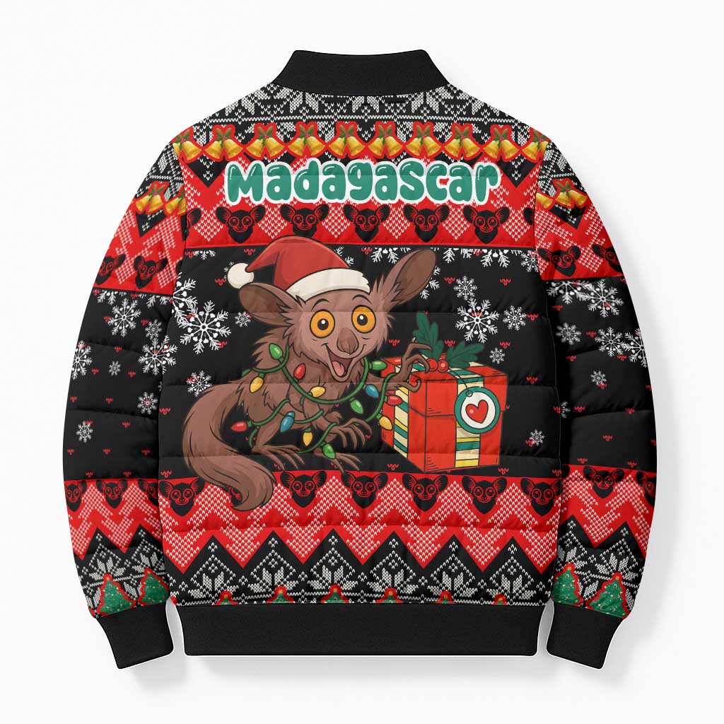 Madagascar Christmas Bomber Puffer Jacket with Aye Aye Lemur Santa Hat Holiday Lights and Gift Box Pattern - Wonder Print Shop