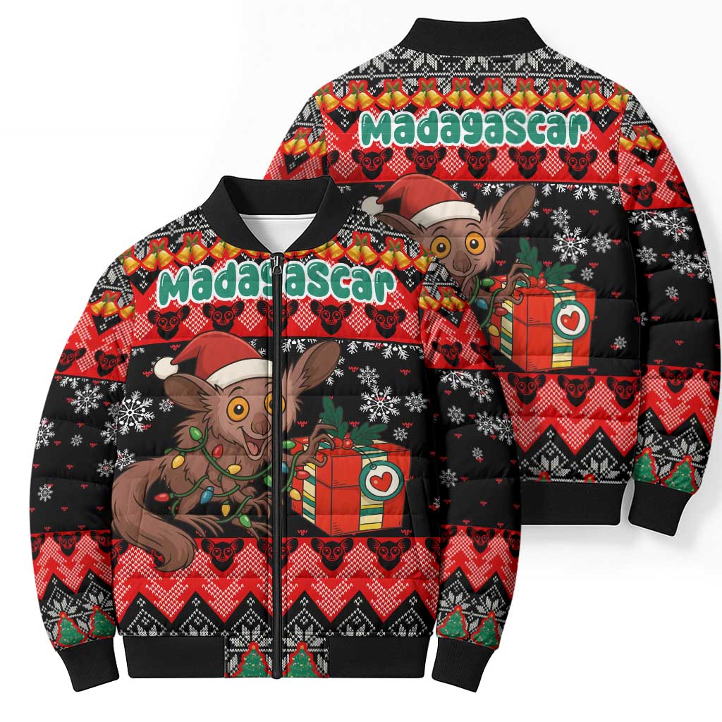 Madagascar Christmas Bomber Puffer Jacket with Aye Aye Lemur Santa Hat Holiday Lights and Gift Box Pattern - Wonder Print Shop