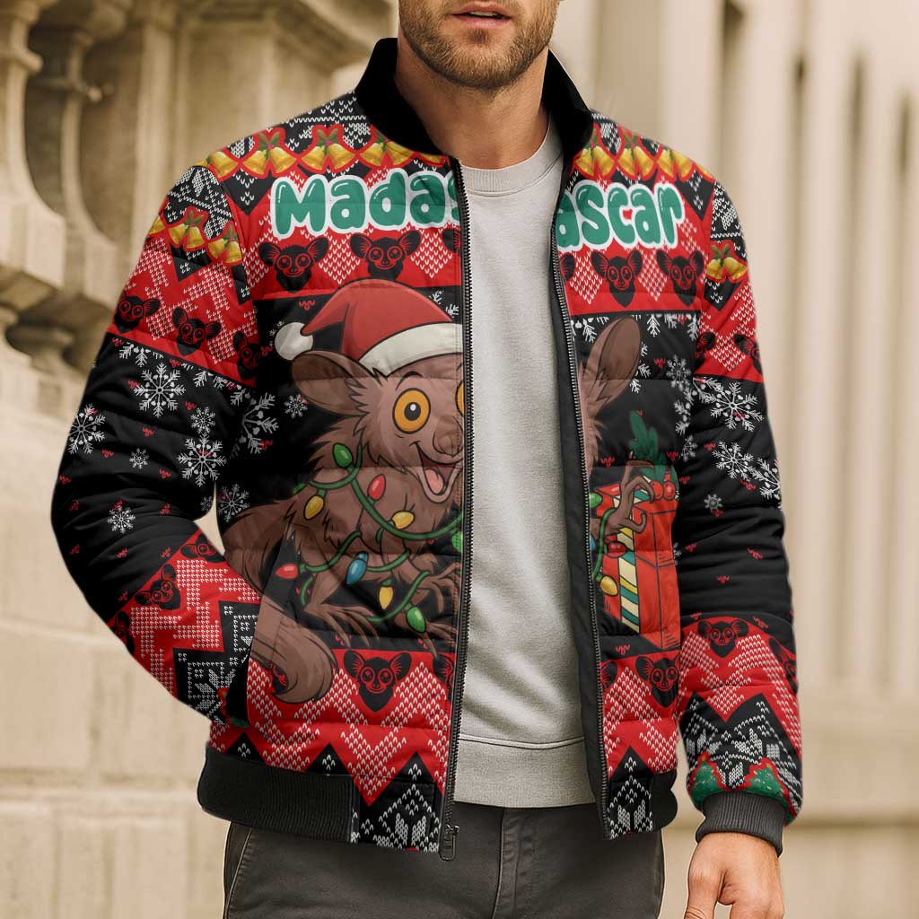 Madagascar Christmas Bomber Puffer Jacket with Aye Aye Lemur Santa Hat Holiday Lights and Gift Box Pattern - Wonder Print Shop