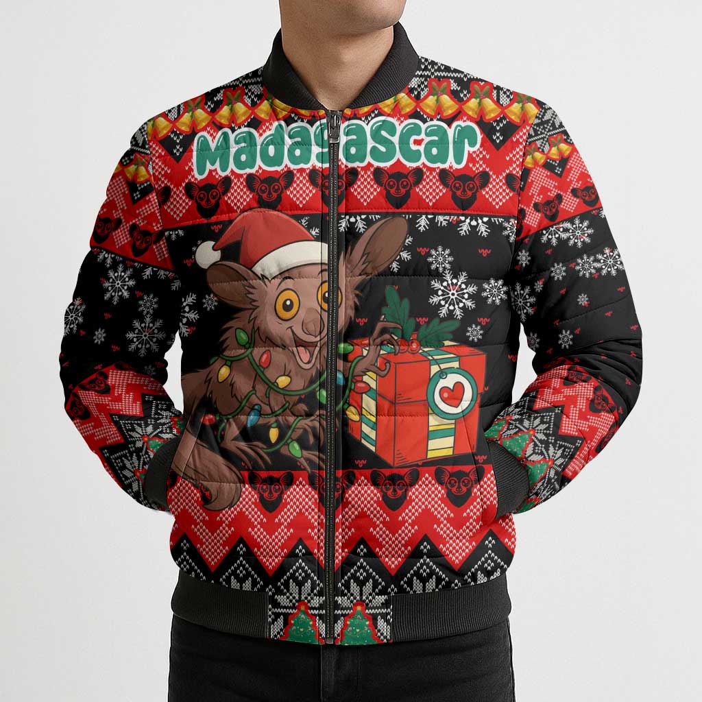 Madagascar Christmas Bomber Puffer Jacket with Aye Aye Lemur Santa Hat Holiday Lights and Gift Box Pattern - Wonder Print Shop