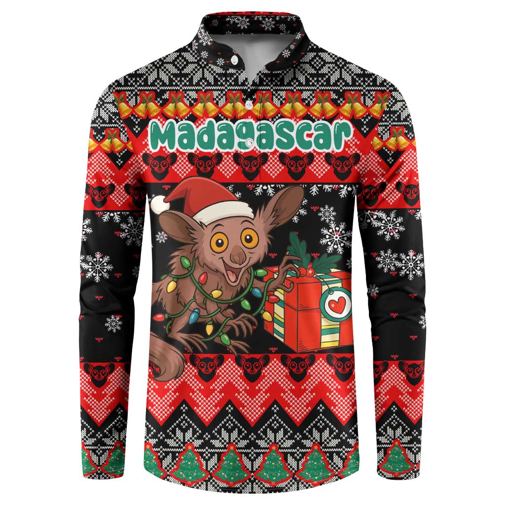 Madagascar Christmas Button Sweatshirt with Aye Aye Lemur Santa Hat Holiday Lights and Gift Box Pattern - Wonder Print Shop