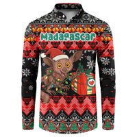 Madagascar Christmas Button Sweatshirt with Aye Aye Lemur Santa Hat Holiday Lights and Gift Box Pattern - Wonder Print Shop