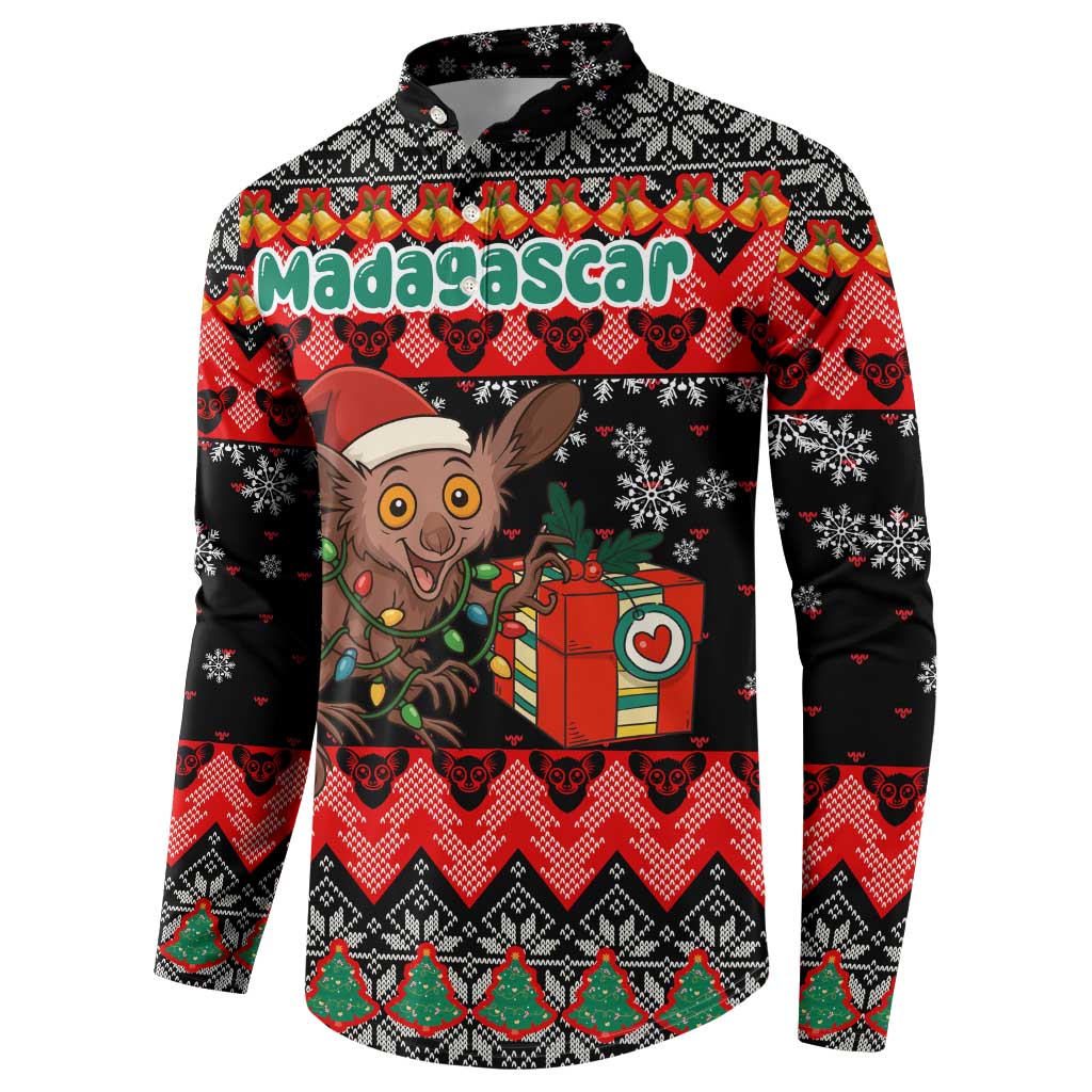 Madagascar Christmas Button Sweatshirt with Aye Aye Lemur Santa Hat Holiday Lights and Gift Box Pattern - Wonder Print Shop