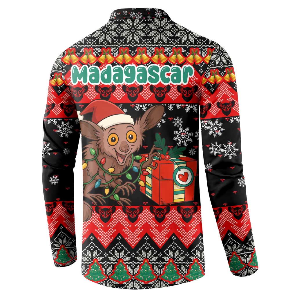 Madagascar Christmas Button Sweatshirt with Aye Aye Lemur Santa Hat Holiday Lights and Gift Box Pattern - Wonder Print Shop