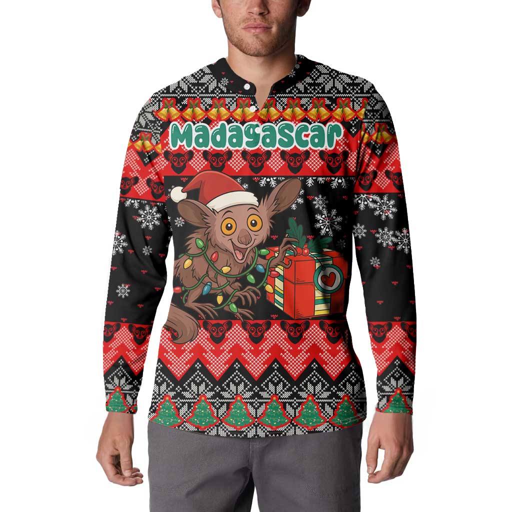 Madagascar Christmas Button Sweatshirt with Aye Aye Lemur Santa Hat Holiday Lights and Gift Box Pattern - Wonder Print Shop