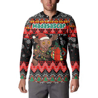 Madagascar Christmas Button Sweatshirt with Aye Aye Lemur Santa Hat Holiday Lights and Gift Box Pattern - Wonder Print Shop