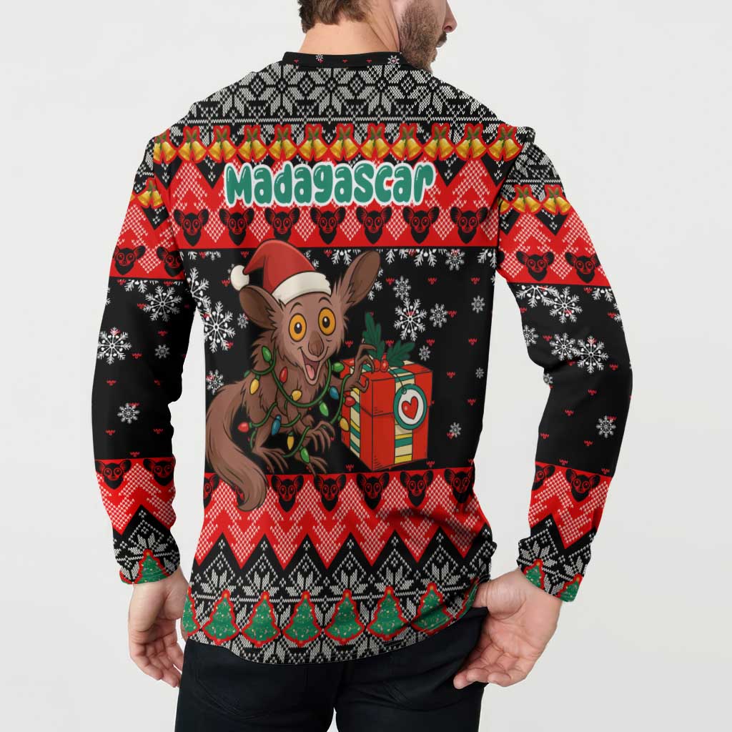 Madagascar Christmas Button Sweatshirt with Aye Aye Lemur Santa Hat Holiday Lights and Gift Box Pattern - Wonder Print Shop