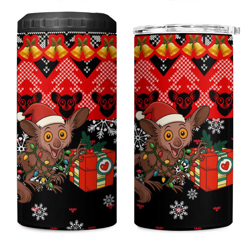 Madagascar Christmas 4 in 1 Can Cooler Tumbler with Aye Aye Lemur Santa Hat Holiday Lights and Gift Box Pattern - Wonder Print Shop